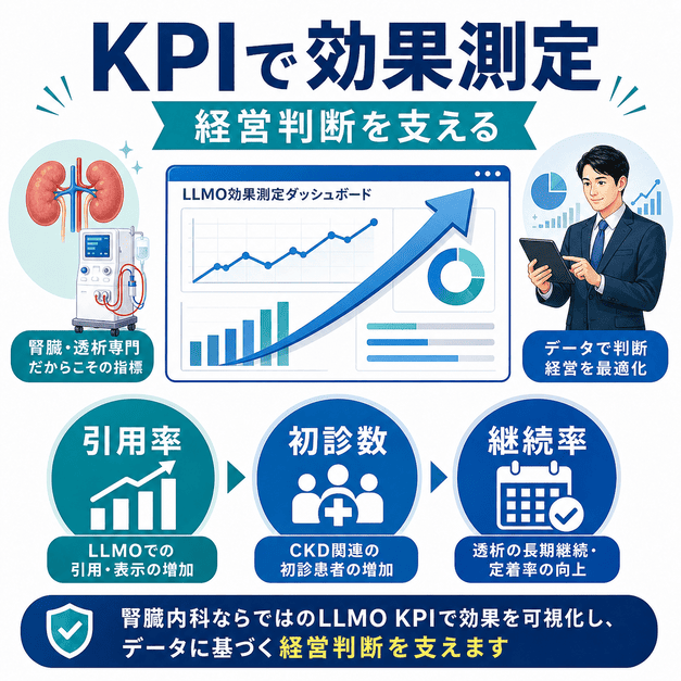 引用率・初診数・継続率など腎臓内科ならではのLLMO KPIで効果測定する方法を示した図解