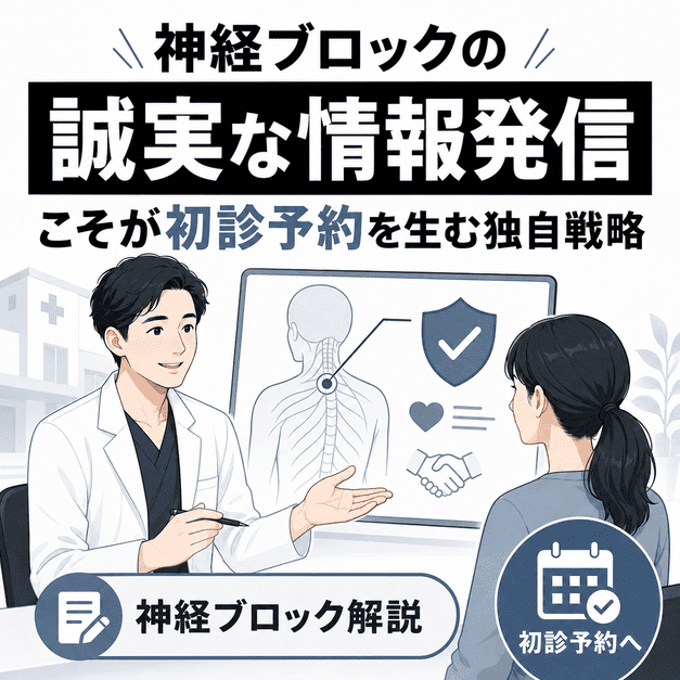 医師が神経ブロック治療について効果と限界を誠実に説明し、初診予約につなげる様子