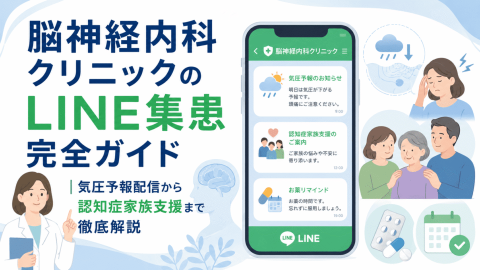 脳神経内科クリニックのLINE集患をテーマに、気圧予報配信や認知症家族支援、服薬管理をスマートフォン画面で表した医療系イラスト