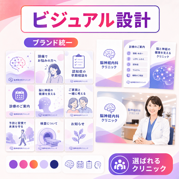 脳神経内科クリニックのInstagram投稿テンプレートや院内写真でブランド統一を図る様子を表したイラスト