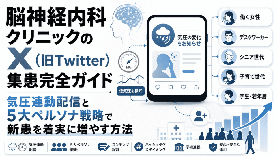 脳神経内科クリニックのX集患戦略として、気圧連動配信・5大ペルソナ・学会連携・安全運用をまとめたアイキャッチ画像