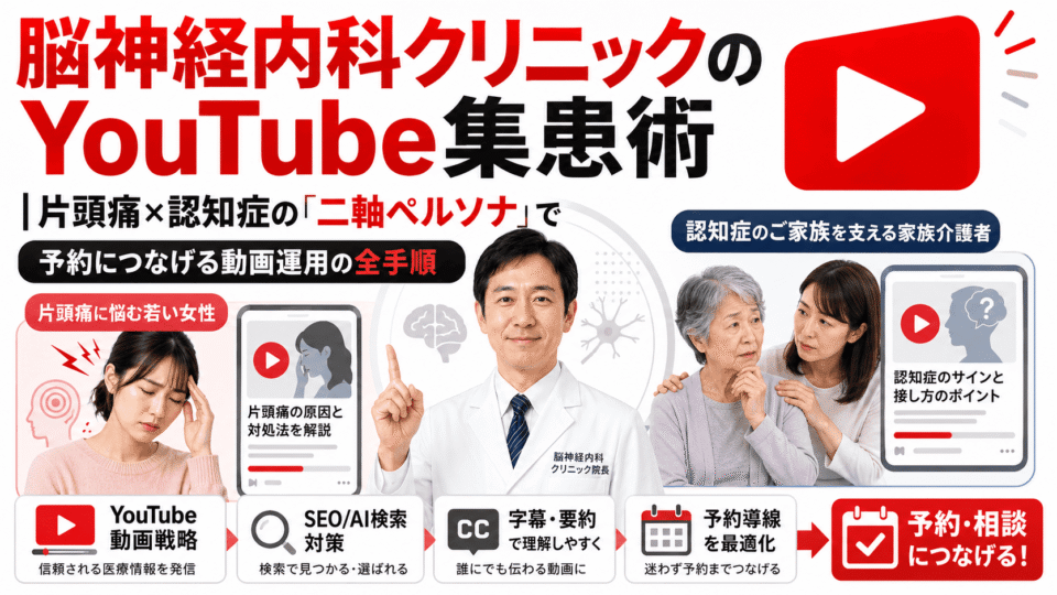脳神経内科クリニックのYouTube集患術として、片頭痛に悩む若年女性と認知症家族を支える介護者に向けた二軸ペルソナ設計を表した画像