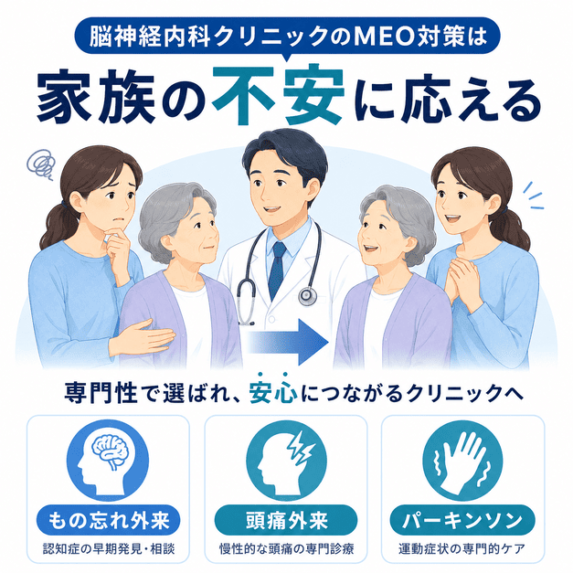 脳神経内科のMEO対策で、患者本人だけでなく家族の不安に応えることが重要であると示す図解