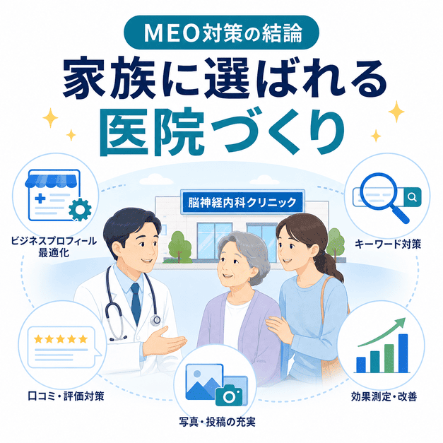 脳神経内科のMEO対策の結論として、家族に選ばれる医院づくりを総合的に示すまとめ図
