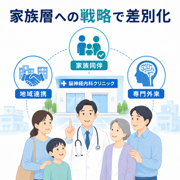 家族同伴、地域連携、専門外来を軸に脳神経内科クリニックが競合と差別化する方法を示す図解