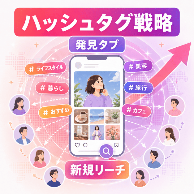 ハッシュタグ戦略と発見タブ活用で脳神経内科のInstagram投稿が新規リーチを広げる様子を表したイラスト