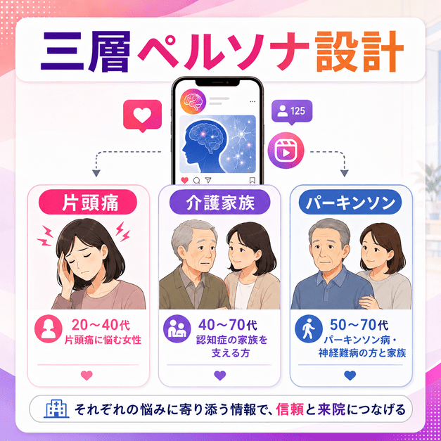 片頭痛、認知症介護家族、パーキンソン病の三層ペルソナを分けて配信設計する様子を表したイラスト