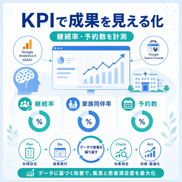 継続率、家族同伴率、予約数など、脳神経内科に合ったKPIをダッシュボードで見える化するイラスト