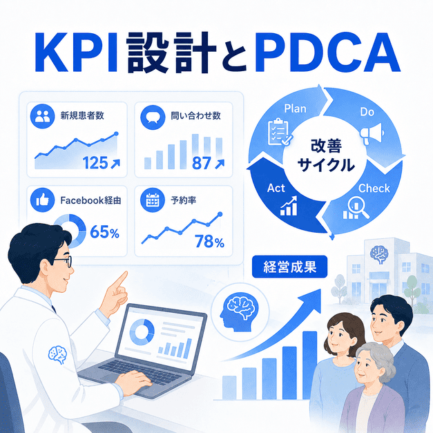 脳神経内科クリニックのFacebook集患をKPIとPDCAサイクルで改善し、経営成果につなげる図解