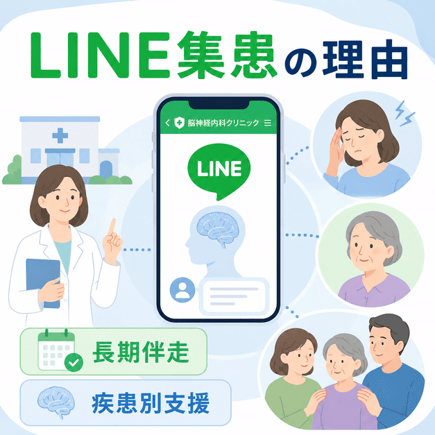 脳神経内科クリニックがLINEで片頭痛患者や認知症家族を長期的に支援する理由を表したイラスト