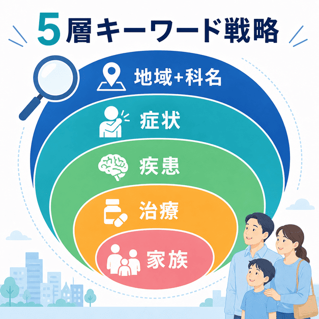 脳神経内科のMEOキーワード戦略を、地域名・症状・疾患・治療・家族の5層で整理した図解