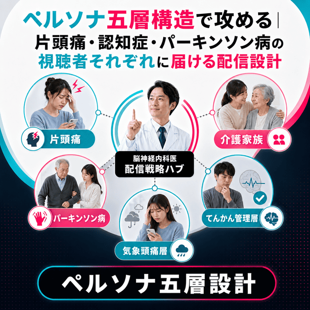 片頭痛、認知症介護家族、パーキンソン病、てんかん、気象頭痛の五層ペルソナに向けた配信設計を示したイラスト