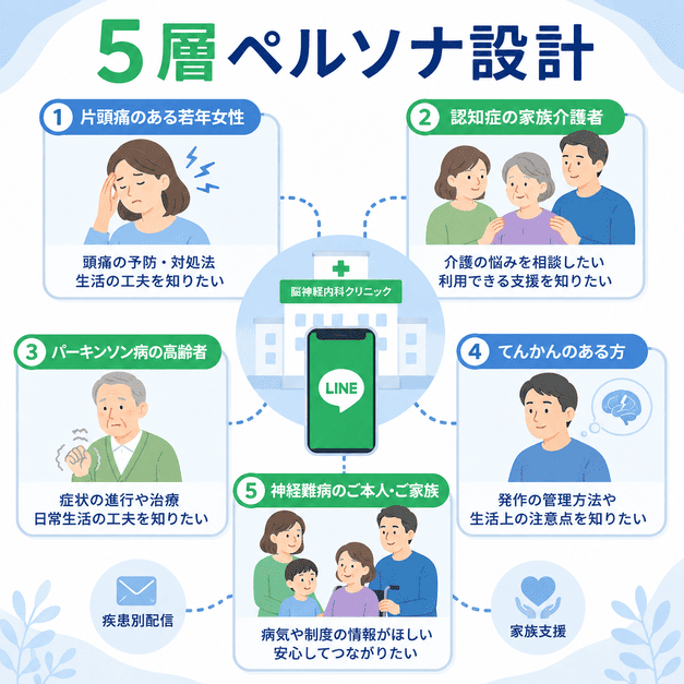 片頭痛、認知症介護家族、パーキンソン病、てんかん、神経難病の5層ペルソナを分類してLINE配信する設計を表したイラスト