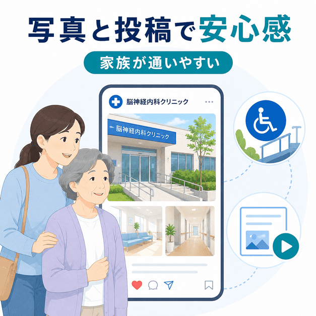 写真や投稿を通じて、家族が安心して親を連れて行ける脳神経内科クリニックであることを伝える図解
