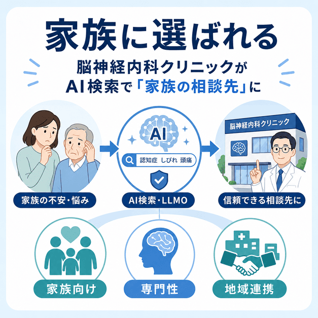 家族の不安を起点に、AI検索を通じて脳神経内科クリニックが信頼できる相談先として選ばれる流れを示した図