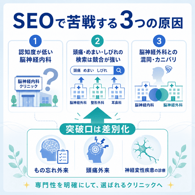 脳神経内科クリニックがSEOで苦戦する原因として、認知度の低さ、症状キーワードの競合、脳神経外科とのカニバリを図解したイラスト