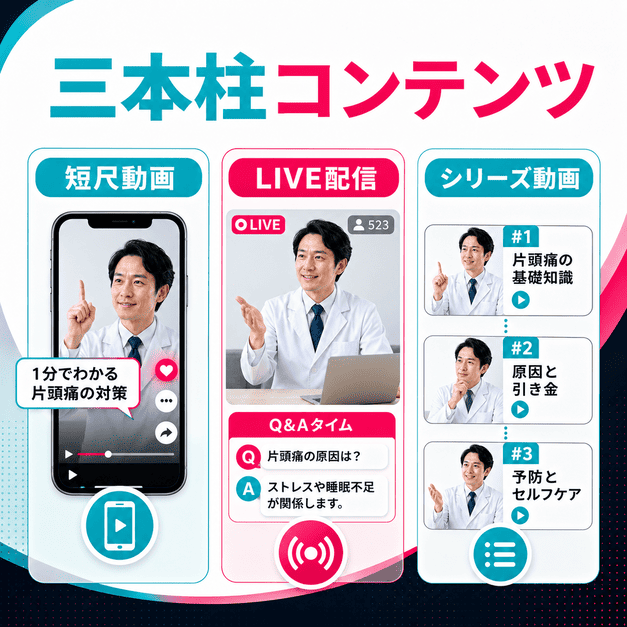 短尺動画、LIVE配信、シリーズ動画の三本柱で脳神経内科のTikTokコンテンツを組み立てる様子を示したイラスト
