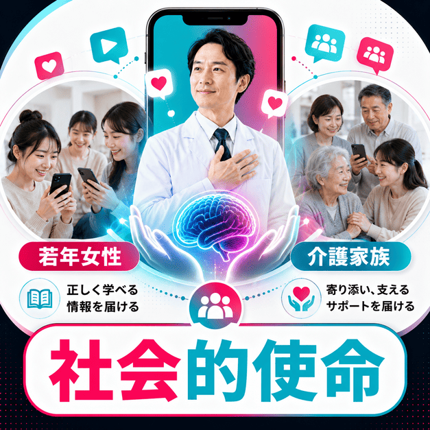 脳神経内科クリニックがTikTokを通じて若年女性と介護家族へ正しい情報と支援を届ける社会的使命を表したイラスト
