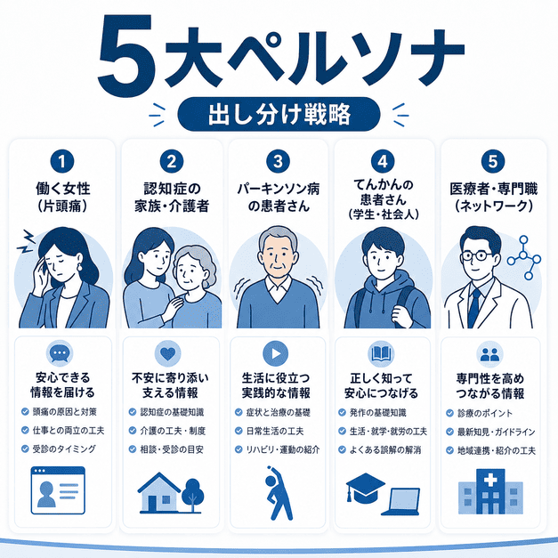 片頭痛の働く女性、認知症介護者、パーキンソン病患者、てんかん患者、医療従事者の5大ペルソナを示すイラスト