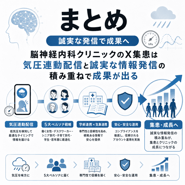 気圧連動配信、5大ペルソナ、学会・気象連携、安全運用を積み重ねて集患成果につなげるまとめイラスト