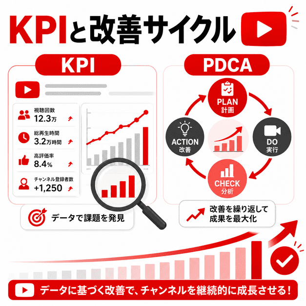 脳神経内科YouTube運用のKPIを確認し、PDCAサイクルで継続的に改善して成果を伸ばす流れを示したイラスト