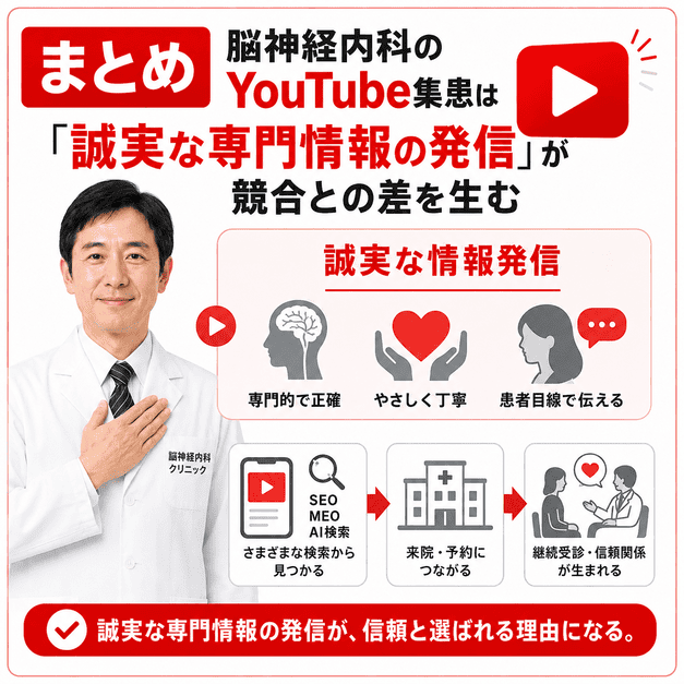 脳神経内科のYouTube集患で、誠実な専門情報の発信が信頼形成と予約につながることをまとめたイラスト