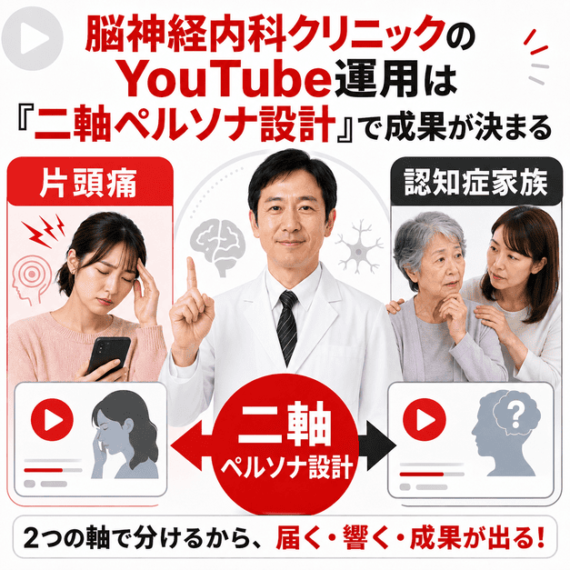 脳神経内科クリニックのYouTube運用で、片頭痛層と認知症家族層を分けて設計する二軸ペルソナ戦略を示したイラスト