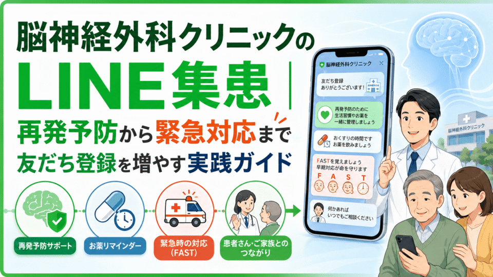 脳神経外科クリニックのLINE集患で、再発予防・服薬リマインド・FAST啓発・家族支援を行う全体像を示したイラスト