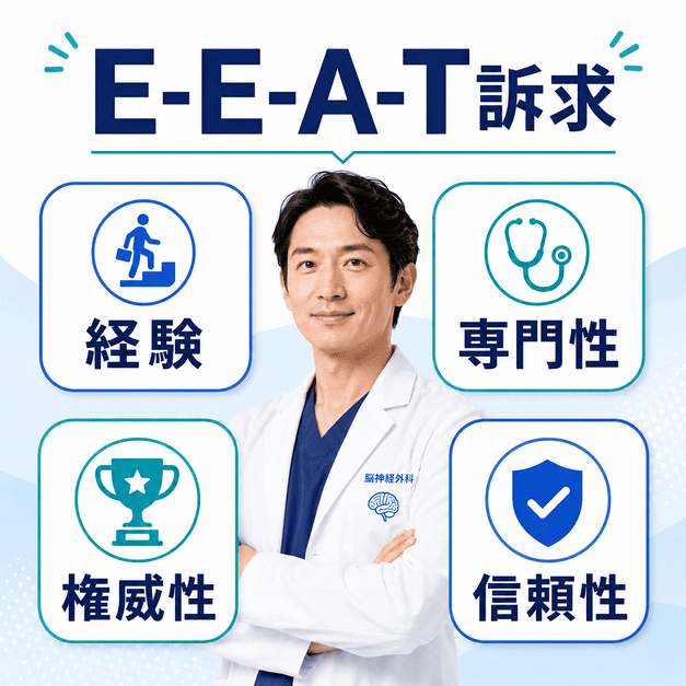 脳神経外科医の信頼性を高めるE-E-A-Tの4要素である経験・専門性・権威性・信頼性を示したイラスト