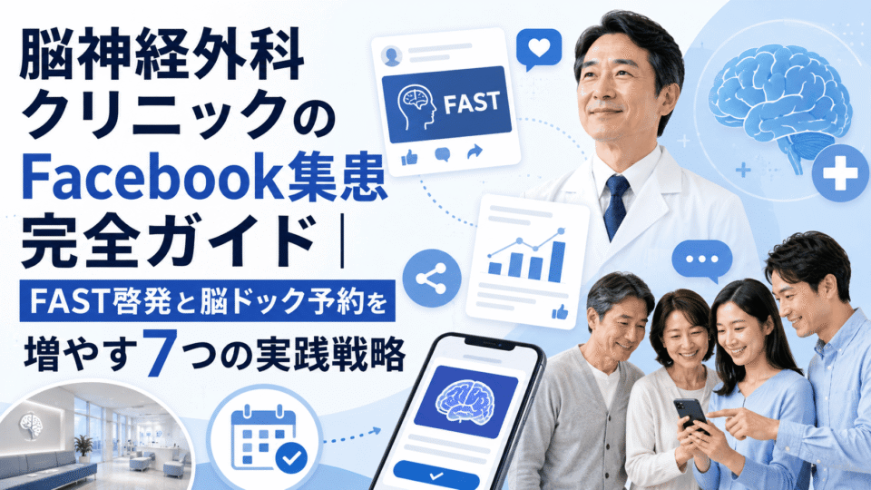 脳神経外科クリニックのFacebook集患でFAST啓発と脳ドック予約を増やす戦略を示したイメージ