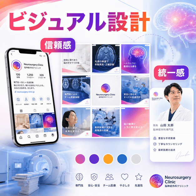脳神経外科クリニックの信頼感を高めるビジュアル設計とブランディングを示したイラスト