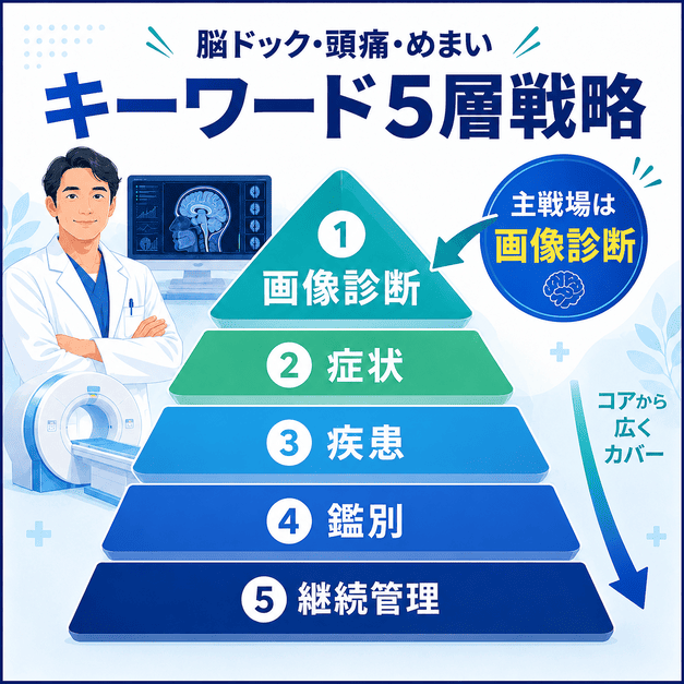 脳ドック・頭痛・めまいに関するSEOキーワード戦略を5層構造で示した図