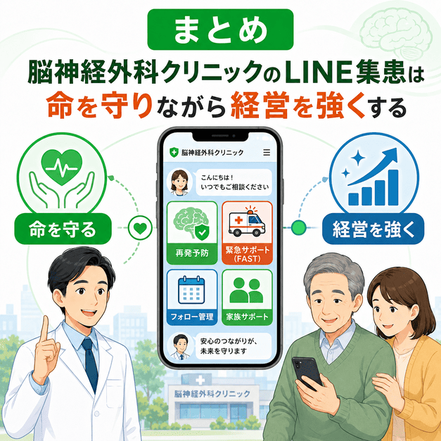 脳神経外科クリニックのLINE集患が、患者の命を守りながら経営を強くすることをまとめたイラスト