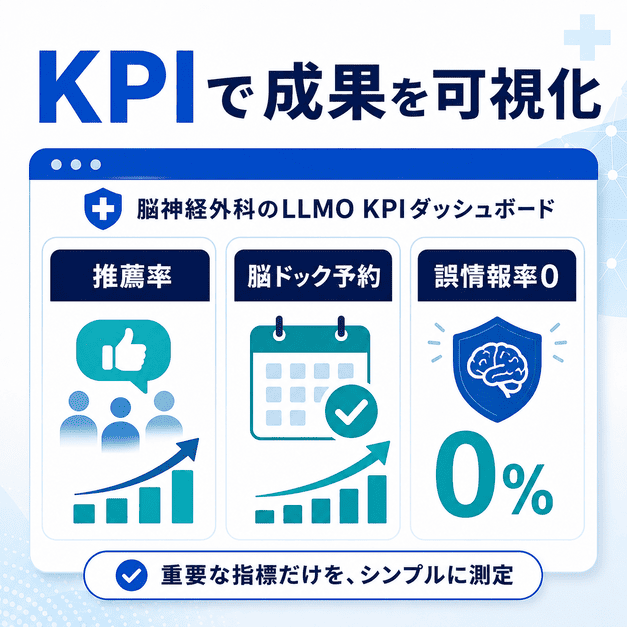 脳神経外科のLLMO成果を推薦率・脳ドック予約・誤情報率ゼロなどのKPIで可視化するイラスト