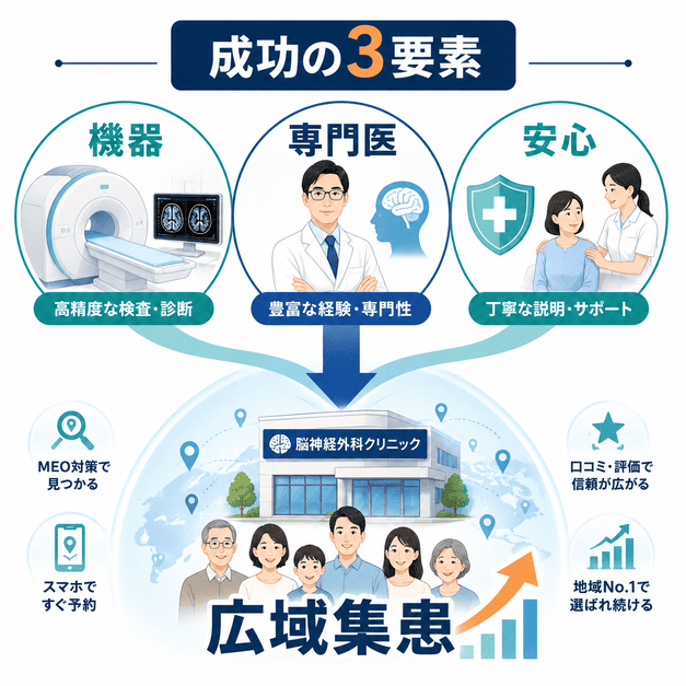 機器、専門医、安心の3要素を組み合わせて脳神経外科クリニックの広域集患につなげる総まとめ図
