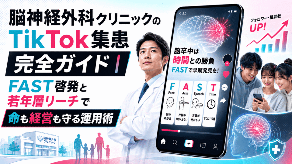 脳神経外科クリニックのTikTok集患とFAST啓発を表した医師とスマートフォンのイメージ