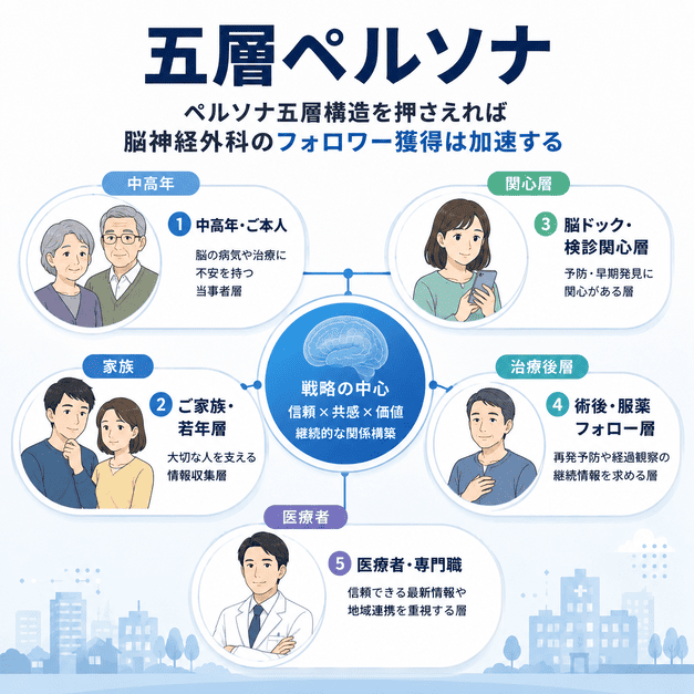 脳神経外科クリニックのX運用で中高年層・家族・脳ドック関心層・治療後層・医療者を整理した五層ペルソナの図解