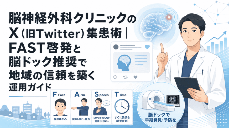 脳神経外科クリニックのX集患でFAST啓発と脳ドック推奨を軸に地域の信頼を築くイメージ
