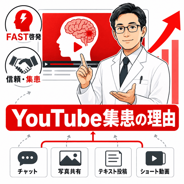 脳神経外科クリニックがYouTubeでFAST啓発や信頼獲得を通じて集患につなげる理由を示したイラスト