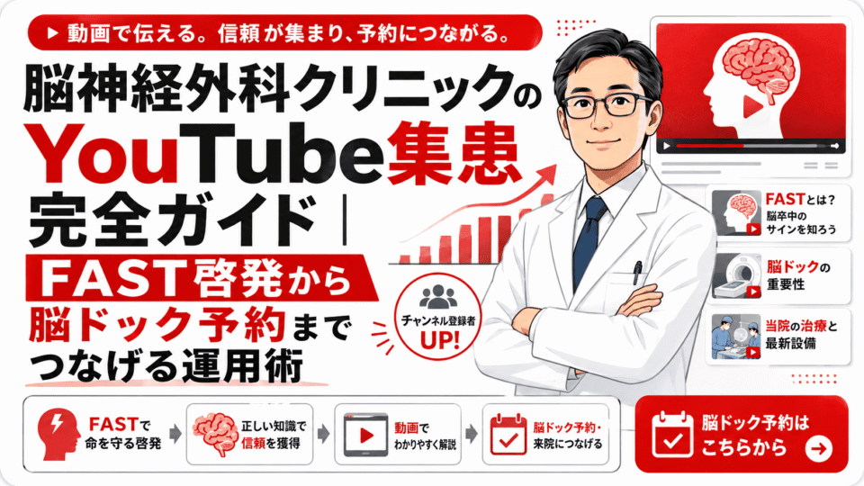 脳神経外科クリニックのYouTube集患を、FAST啓発から脳ドック予約までつなげる流れを示したアイキャッチ画像