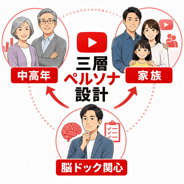 中高年、家族、脳ドック関心層の三層ペルソナに分けてYouTube配信内容を設計する様子を示したイラスト