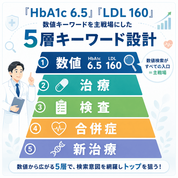HbA1cやLDLなどの数値検索を起点に、治療・検査・合併症・新治療へ広げる5層キーワード設計の図解
