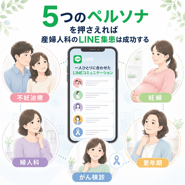 不妊治療、妊婦、婦人科疾患、更年期、がん検診の5つのペルソナに合わせてLINE配信を設計する考え方を示したイラスト