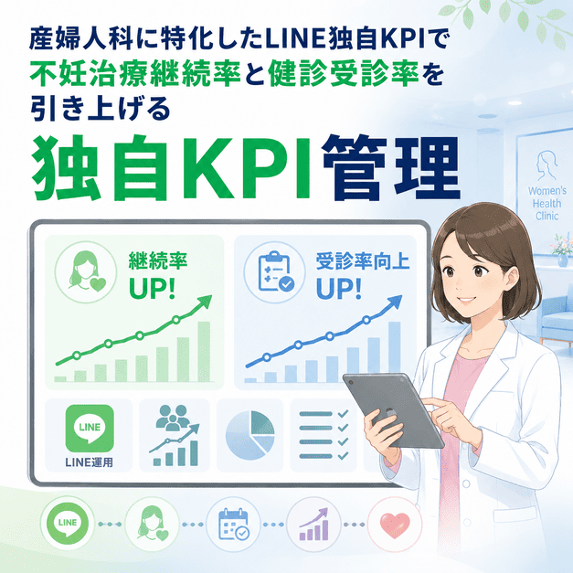 産婦人科に特化したLINE独自KPIで不妊治療継続率や健診受診率を可視化し、改善していくダッシュボードを示したイラスト