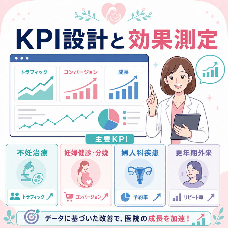 産婦人科SEOのKPI設計として不妊治療、妊婦健診・分娩、婦人科疾患、更年期外来の成果測定を示した図