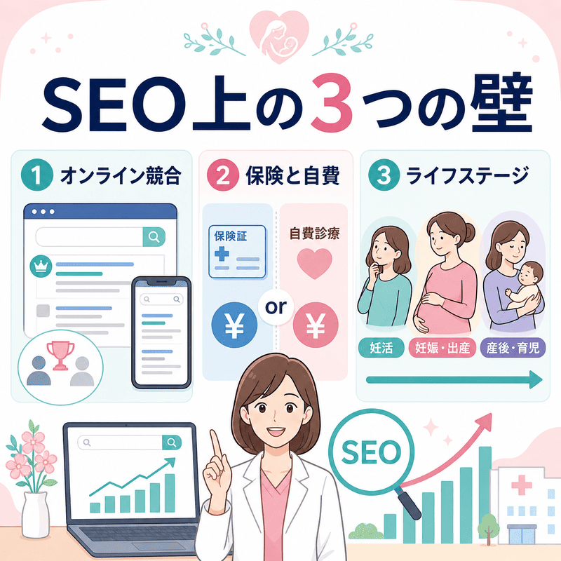 産婦人科SEOで課題となるオンライン競合、保険と自費、ライフステージ別設計の3つの壁を示した図