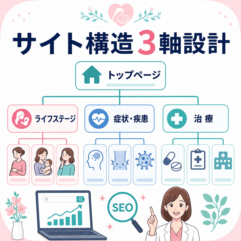 産婦人科サイトをライフステージ、症状・疾患、治療の3軸で設計する構造を示した図