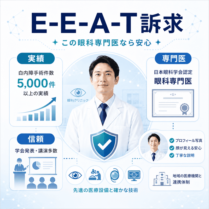 眼科専門医の手術実績・資格・学会活動・信頼性をE-E-A-Tとして整理した図