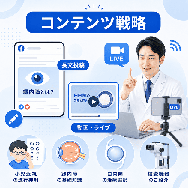 長文投稿、動画、ライブ配信を活用して眼科クリニックの専門性と信頼感を伝えるコンテンツ戦略の画像
