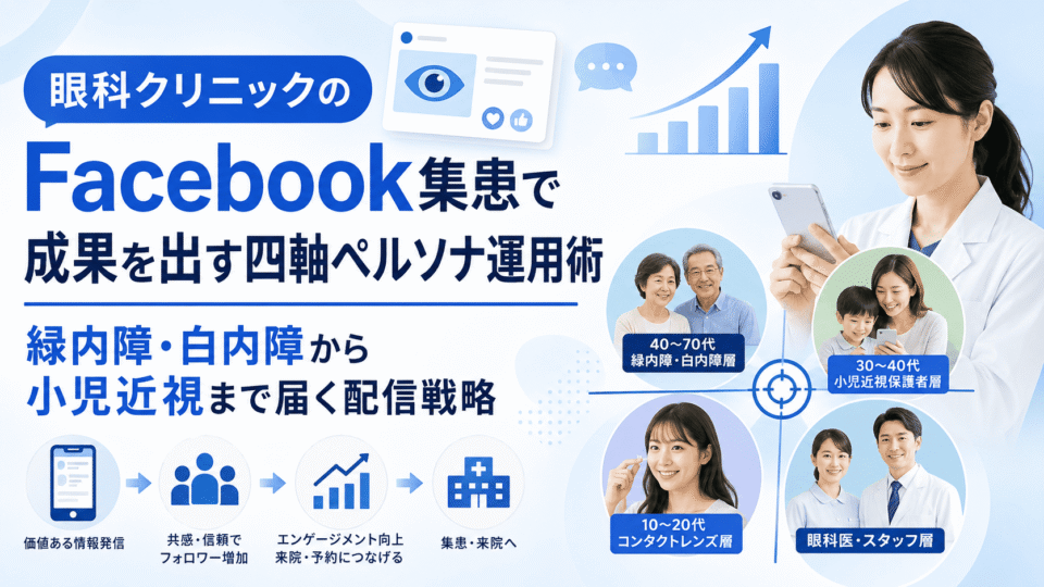 眼科クリニックのFacebook集患で、緑内障・白内障層や小児近視保護者層など複数ペルソナへ情報発信する戦略を表した画像